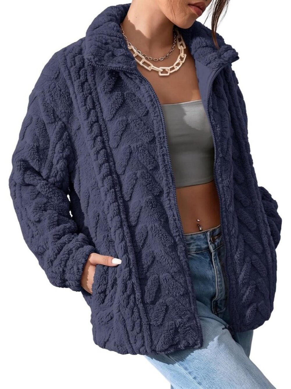 Women's Navy Blue Sherpa Fabric Coats Loose Fit Zipper Front Fleece Jackets